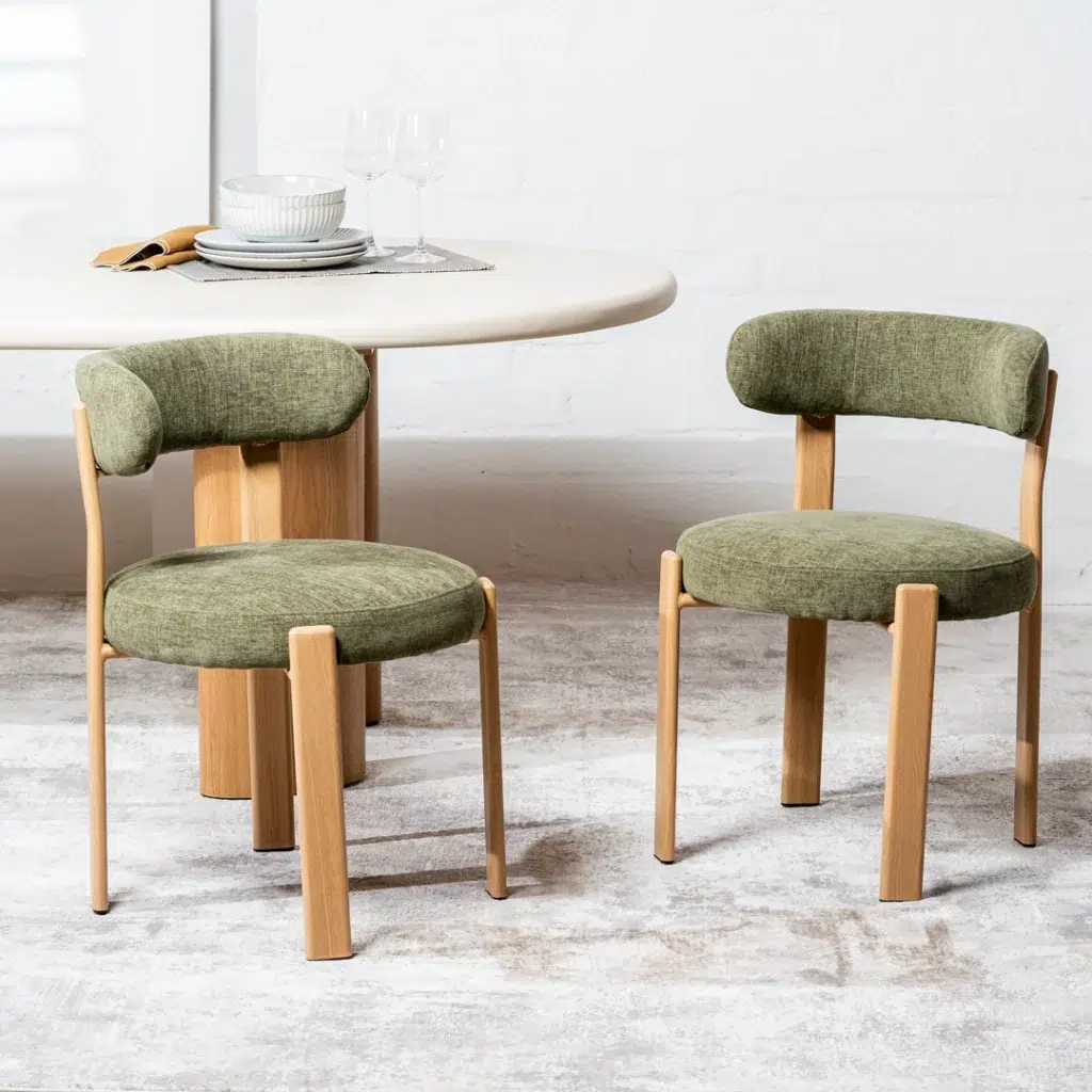 Carmo dining chair in olive set of 2 with ash finished legs and premium boucle fabric
