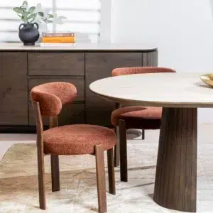 Carmo dining chairs in rust color set of 2 with boucle fabric and walnut legs for modern interiors