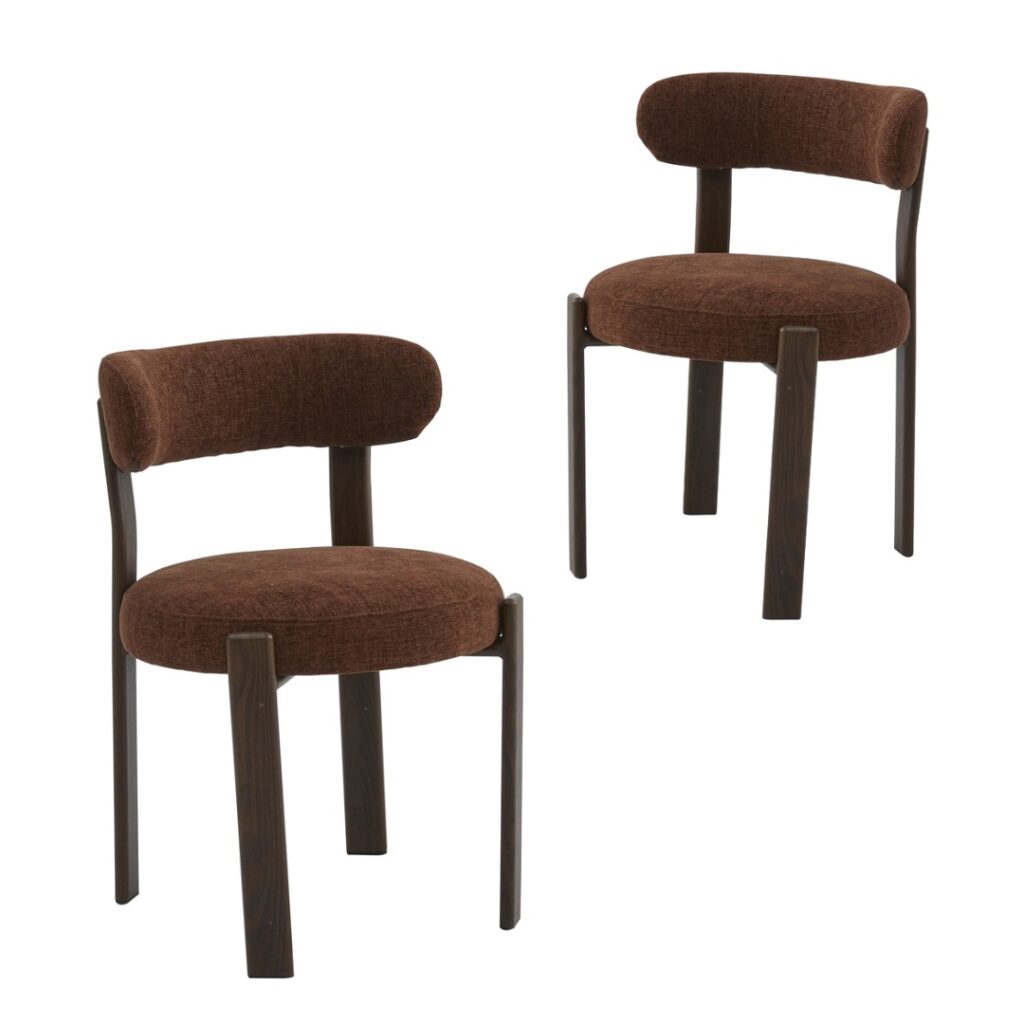 Carmo dining chair in rust color featuring boucle fabric and walnut legs for modern interiors