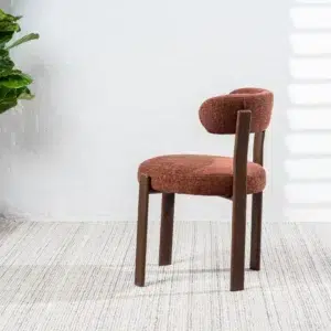 Carmo dining chairs in rust color set of 2 with boucle fabric and walnut legs for modern interiors