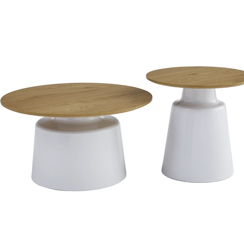 Modern nesting coffee table with oak-effect MDF top and white metal frame for living rooms