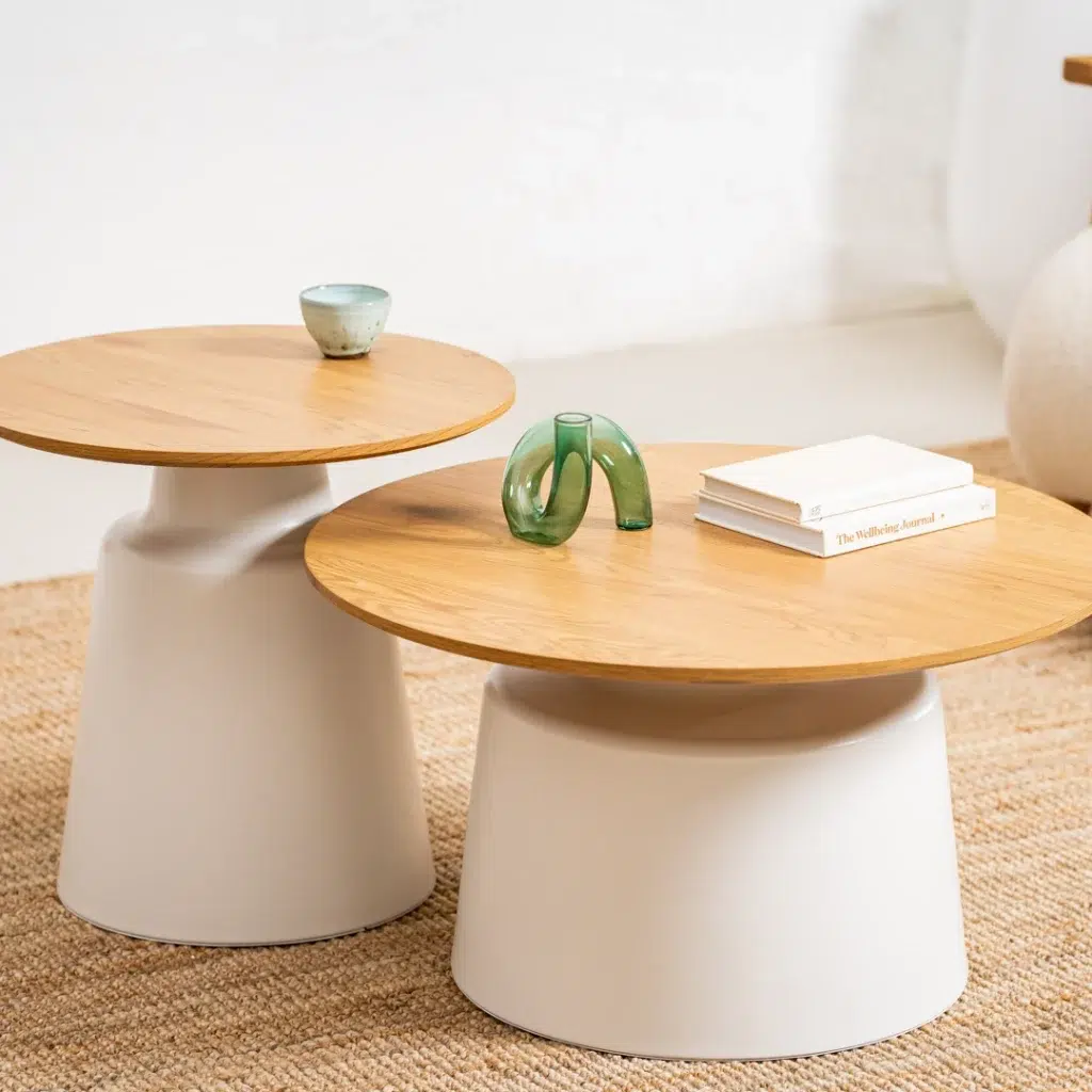 Modern nesting coffee table set with oak-effect top and white metal frame for living rooms