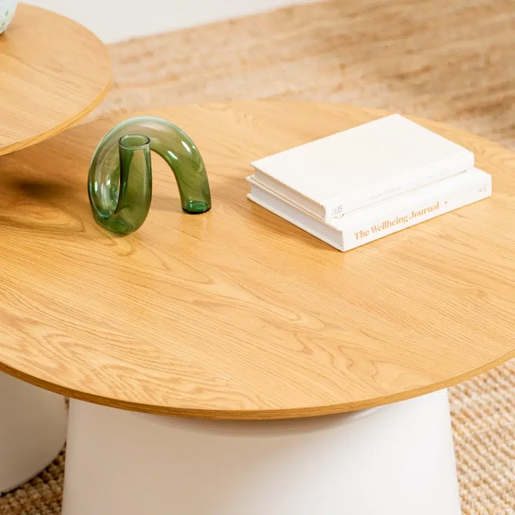 Modern nesting coffee table set with oak-effect MDF top and white metal frame