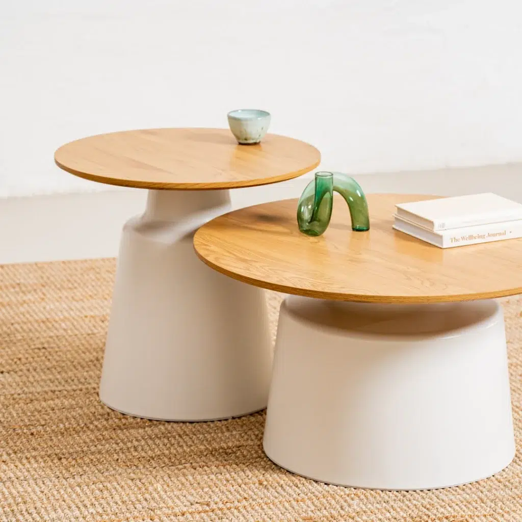 Modern nesting coffee table with oak-effect MDF top and white metal frame for living rooms