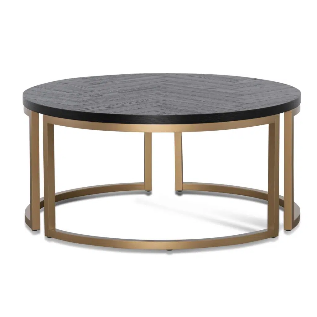 Cyrus round coffee table with peppercorn finish and brass base for modern living rooms