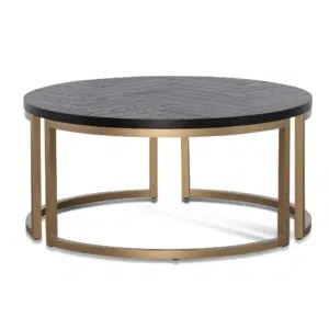 Cyrus round coffee table with peppercorn finish and brass base for modern living rooms