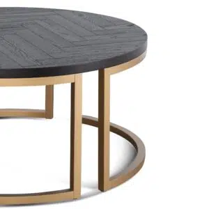 Cyrus round coffee table with peppercorn finish and brass base crafted from American white oak