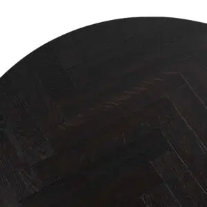 Cyrus round coffee table with peppercorn and brass finish featuring herringbone oak top