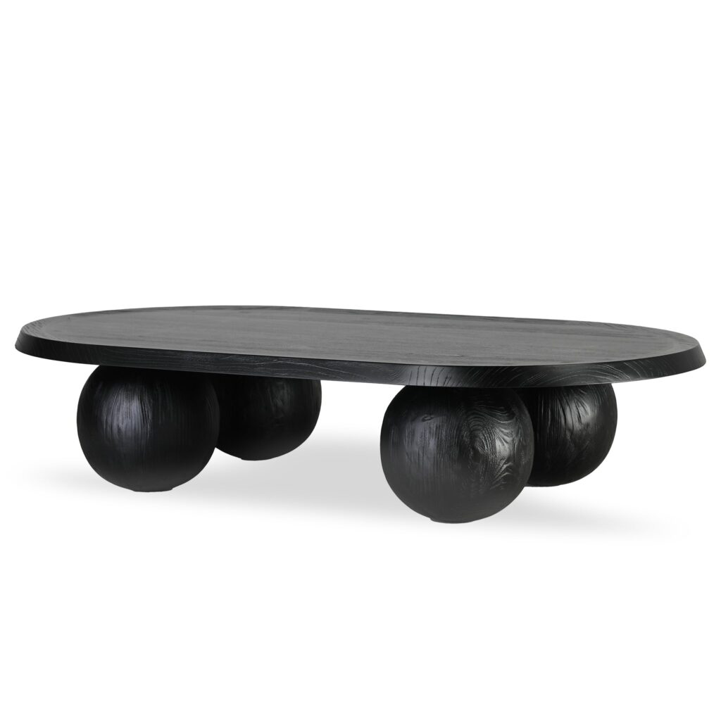 Luna 1.4m Oval Coffee Table Solid Elm Black Finish Sturdy Modern Minimalist Industrial Design 110kg Capacity 27cm Leg Height