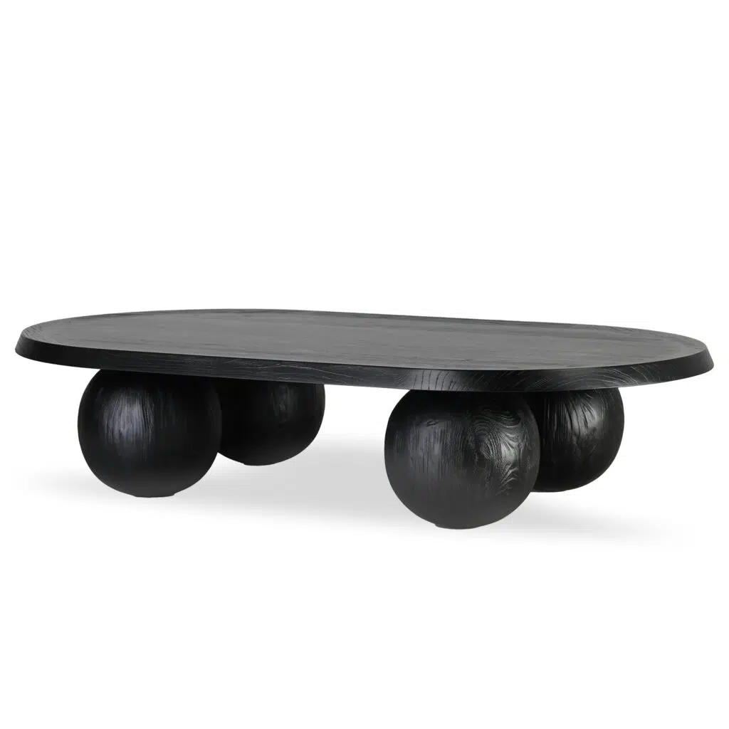 Luna 1.4m Oval Coffee Table Solid Elm Black Finish Sturdy Modern Minimalist Industrial Design 110kg Capacity 27cm Leg Height