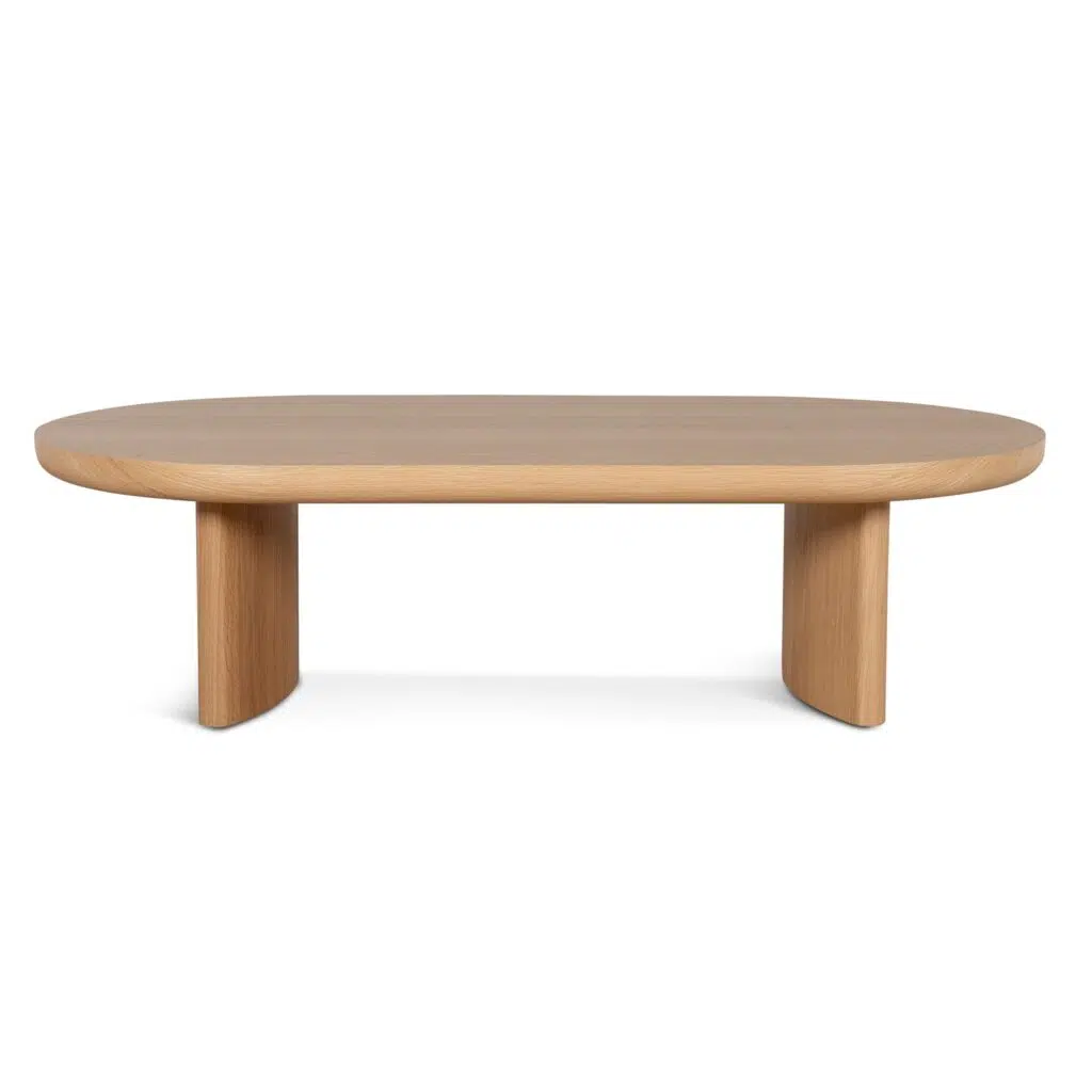 Mia 1.3m coffee table natural oak with oval top and curved legs for modern living spaces