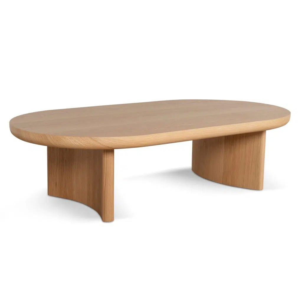 Mia 1.3m natural oak coffee table with curved legs and spacious surface for living rooms