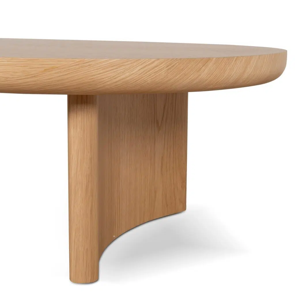 Natural oak 1.3m coffee table with curved legs and smooth veneer finish for modern living spaces