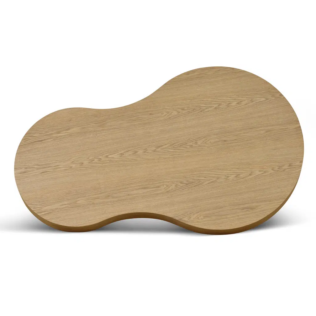 Ava 1.35m natural engineered wood coffee table with contoured design, 135x80x36cm dimensions, 20kg capacity for minimalist rustic decor