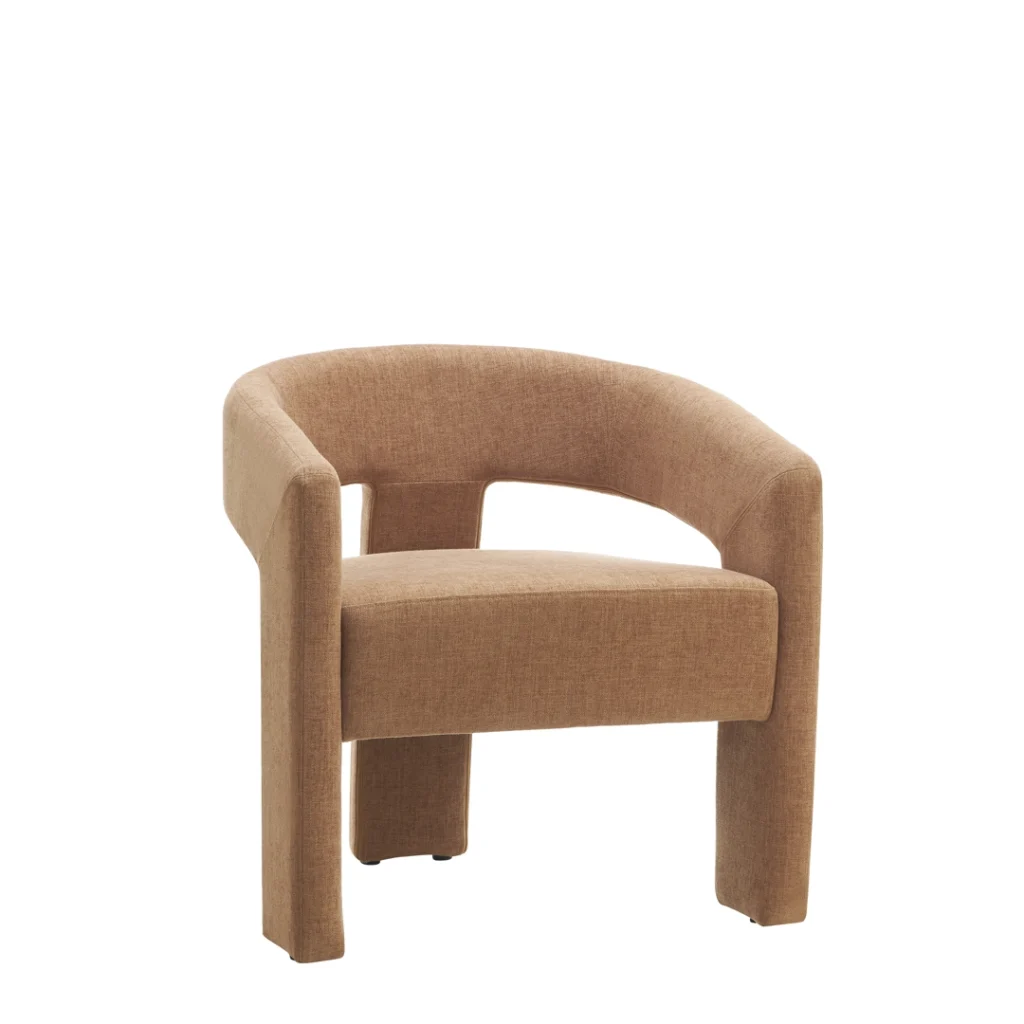 Calgary occasional chair in coral boucle fabric with modern sculptural design