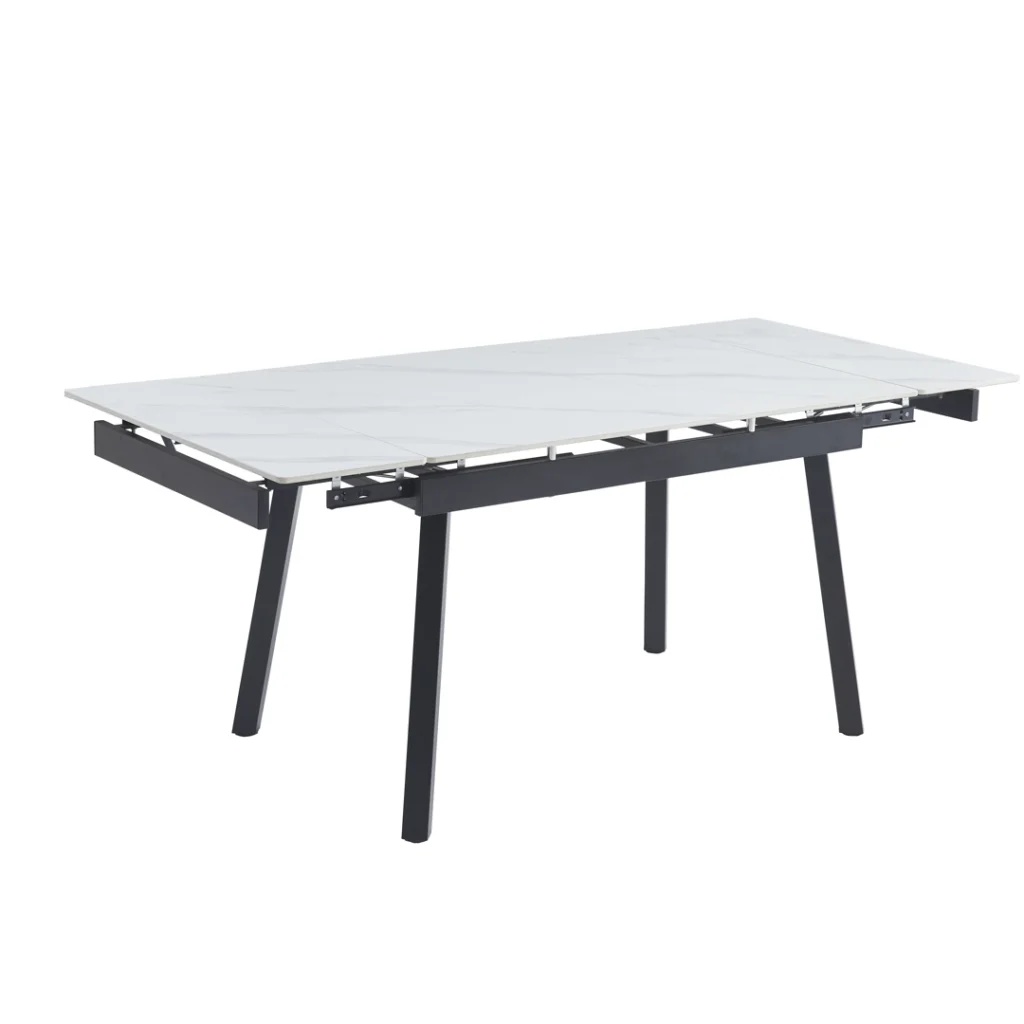 Coral Snow White Ceramic Extension Dining Table with Black Powder-Coated Legs