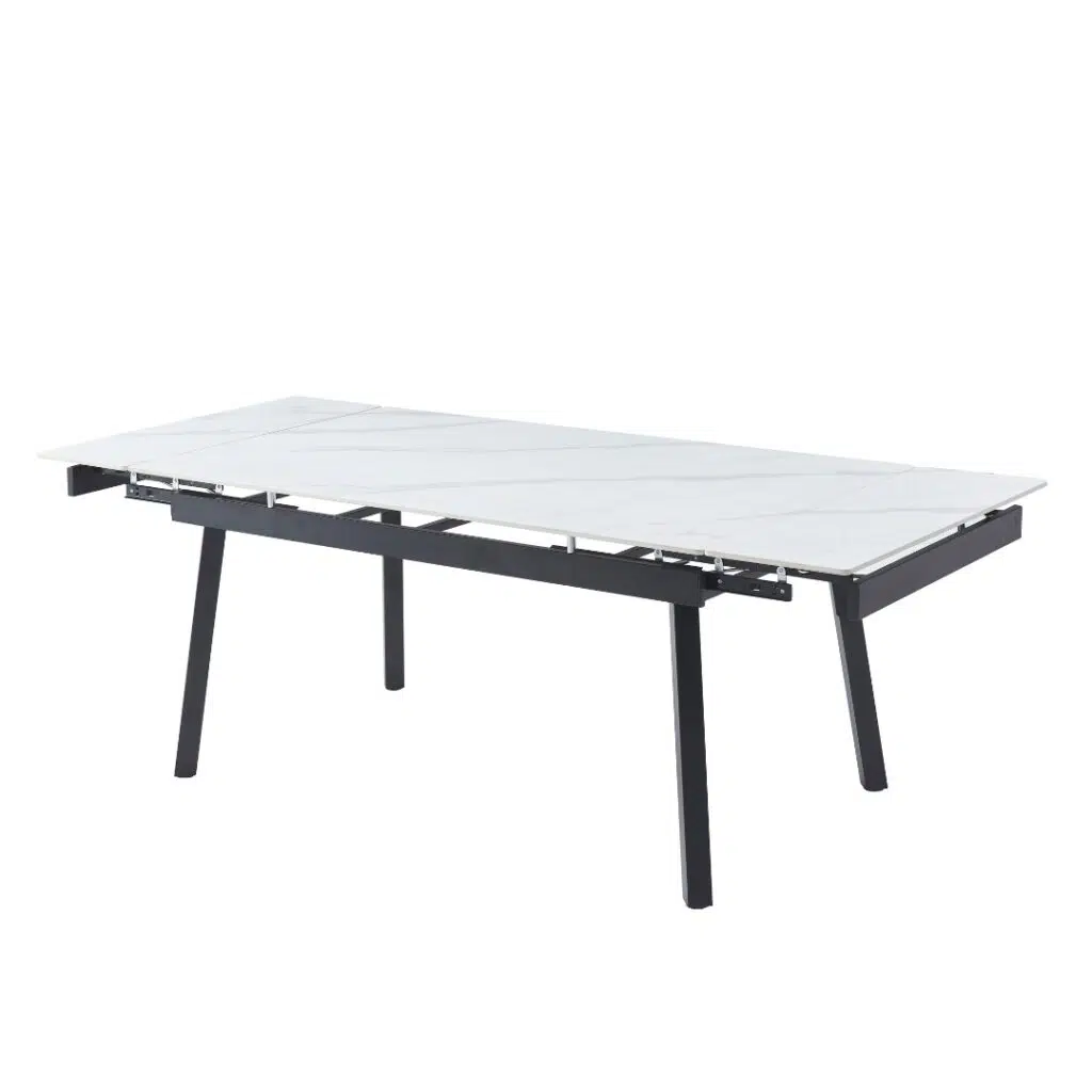Coral Large Snow White Marble Effect Ceramic Extension Dining Table Black Legs