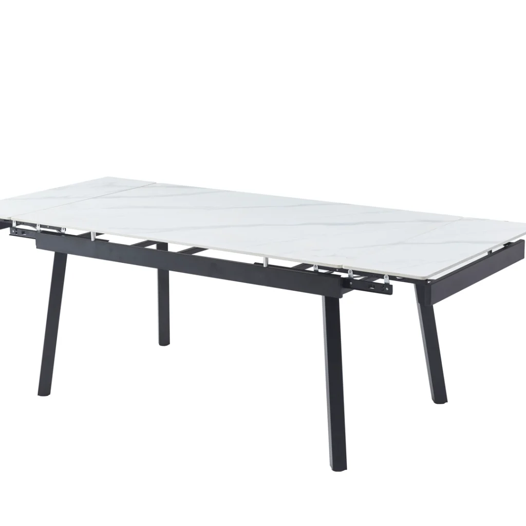 Coral Snow White Ceramic Extension Dining Table with Black Legs and Marble Finish