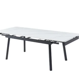 Coral Snow White Ceramic Extension Dining Table with Black Legs and Marble Finish