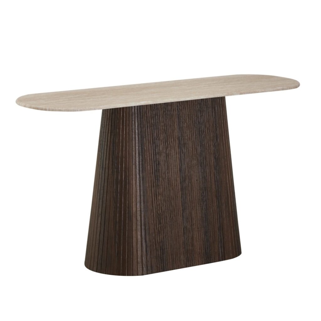 Crete Travertine-Inspired Console Table with Espresso Base and Matte Marble Top