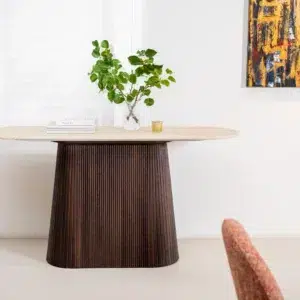 Crete Travertine Console Table with Espresso Base and Matte Marble Top for Entryway or Living Room