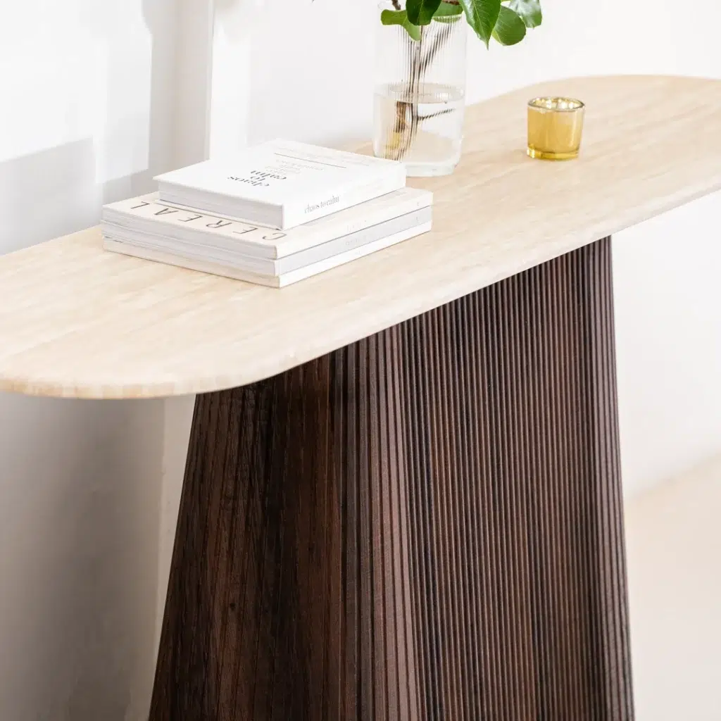 Crete Travertine Console Table with Espresso Base and Matte Marble Top for Modern Entryway