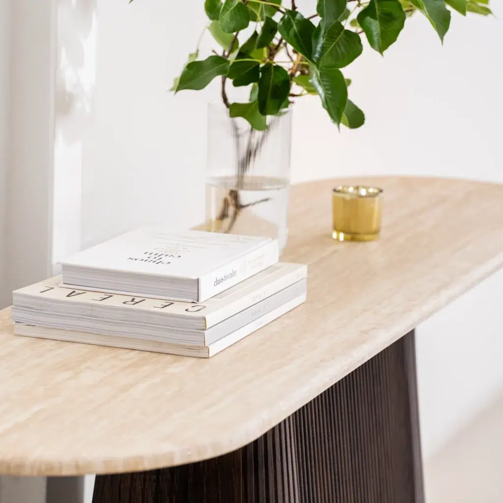 Crete Travertine Console Table with Espresso Base and Matte Marble Top for Entryway or Living Room