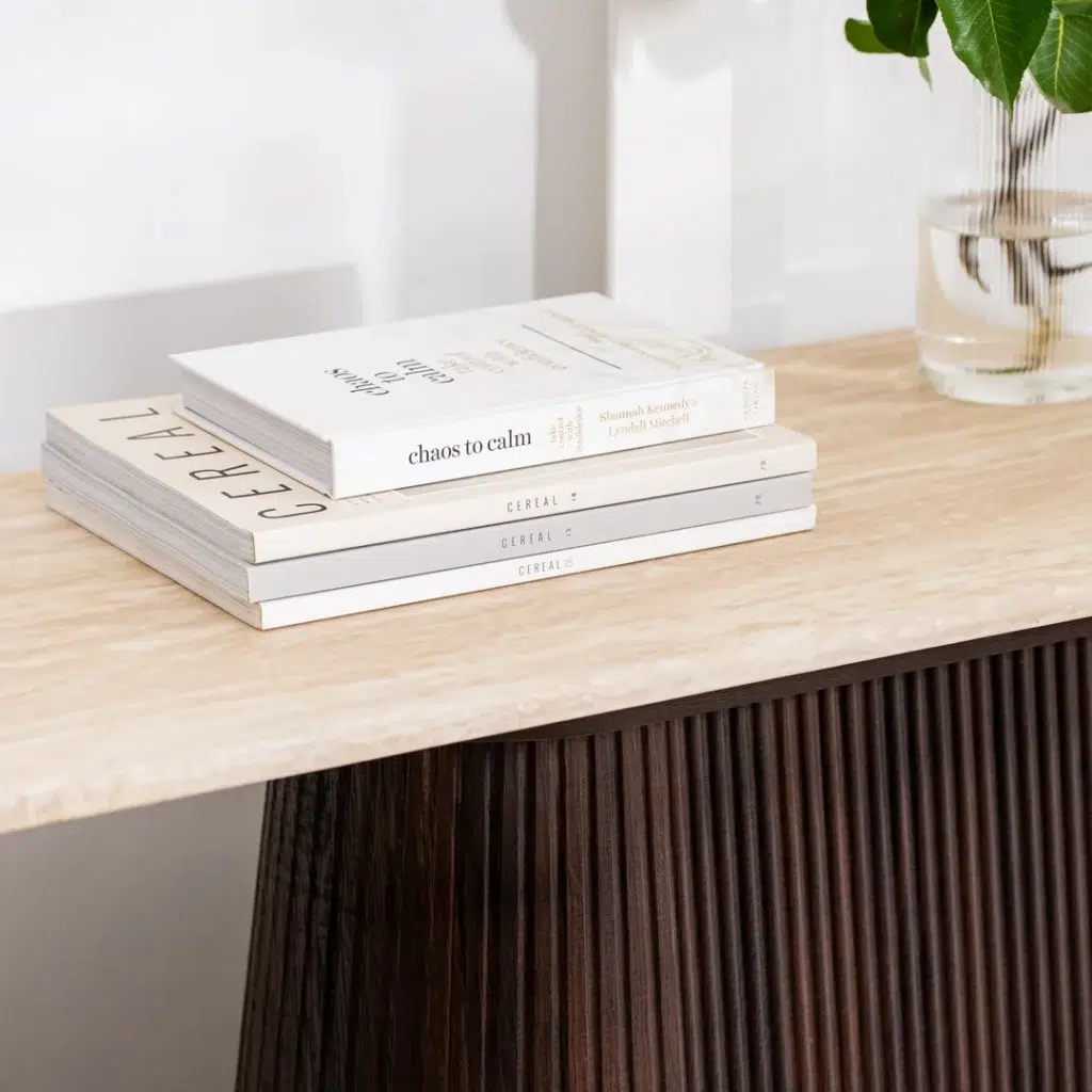 Crete Travertine Console Table with Espresso Base and Matte Marble Top for Modern Entryway