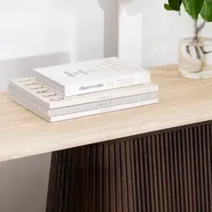 Crete Travertine Console Table with Espresso Base and Matte Marble Top for Modern Entryway