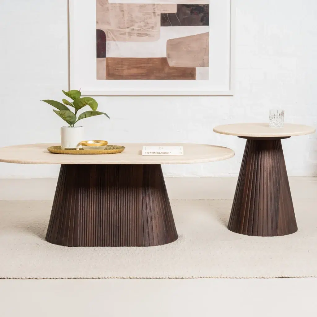 Crete Side Table with Travertine Top and Espresso MDF Base for Modern Interiors