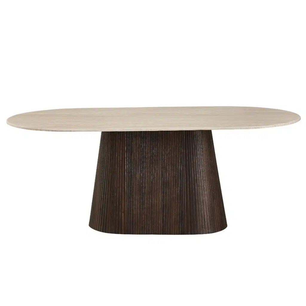 Crete travertine dining table with espresso MDF base, 200cm wide, modern luxury dining furniture