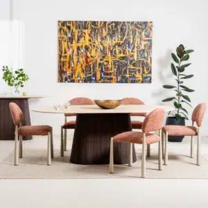 Egypt Dining Chairs Sunset Set of 2 with cream metal frame and textured fabric for modern interiors