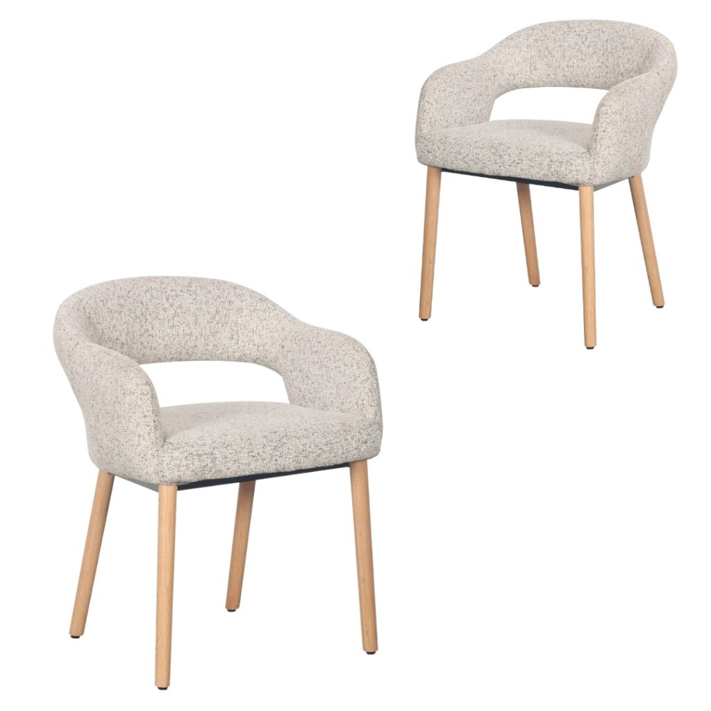 Carlo Dining Chair set of 2 in sand fabric with natural oak legs, modern ergonomic design