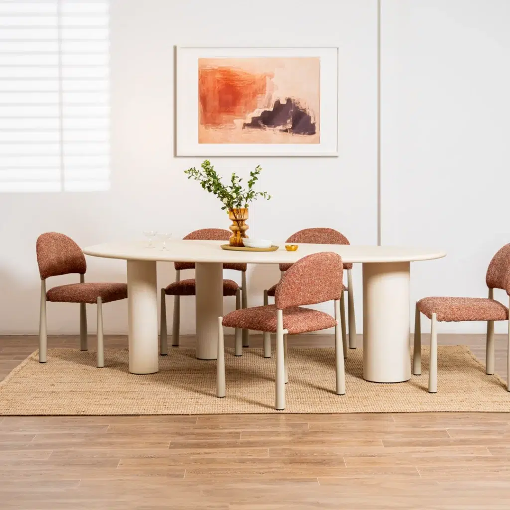 Egypt Dining Chairs Sunset Set of 2 with cream metal frame and textured fabric for modern interiors