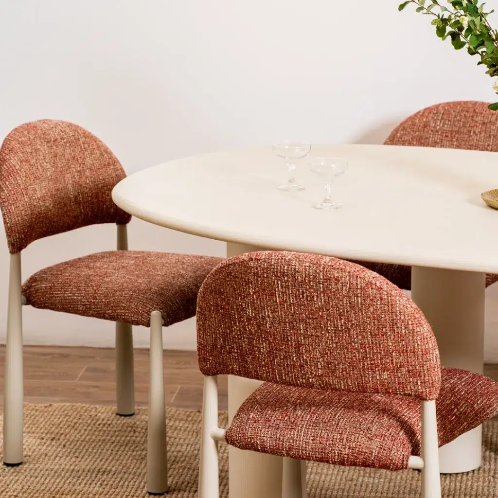 Egypt Dining Chairs Sunset Set of 2 with cream metal frame and textured fabric for modern interiors