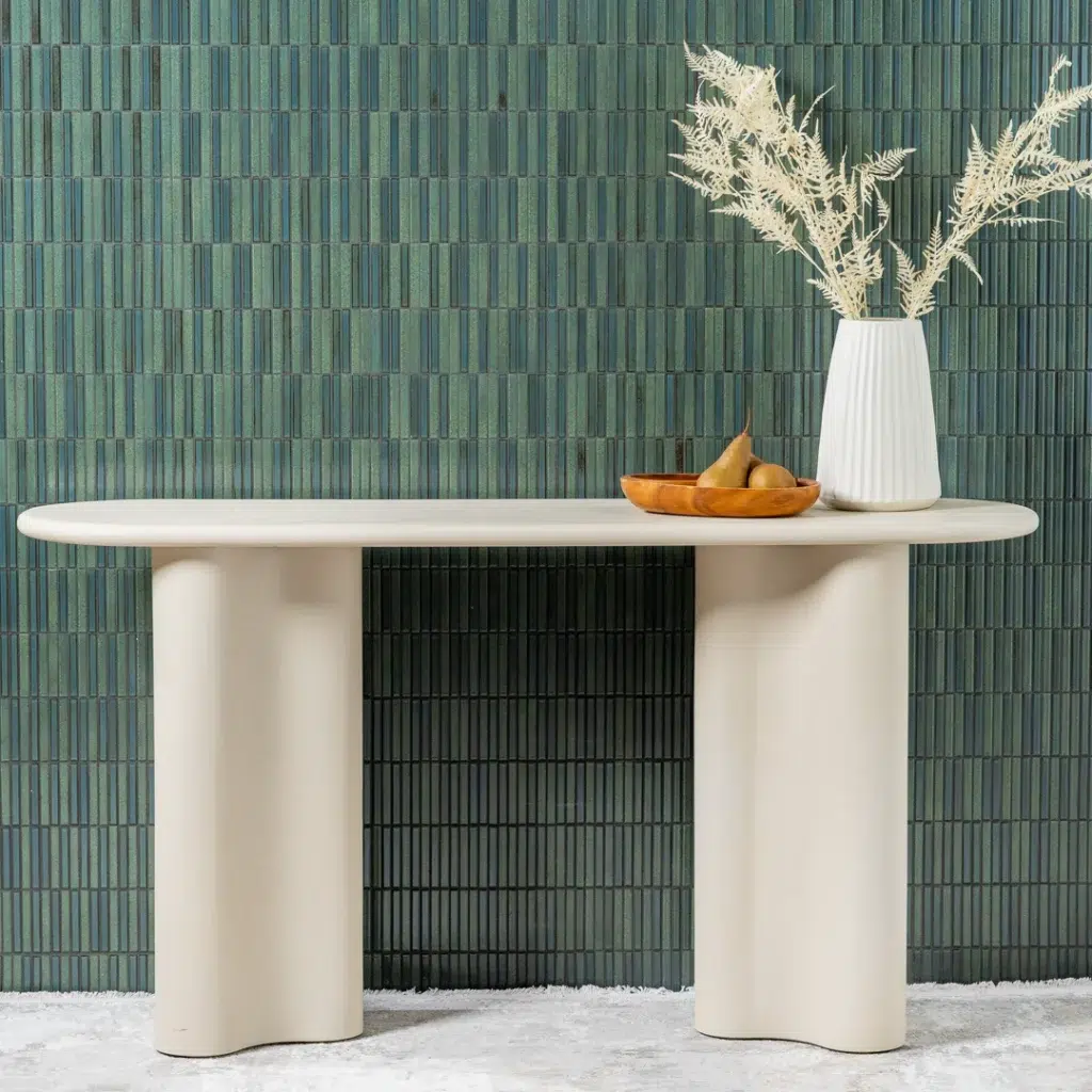 Ava Coastal Console Table in Pebble finish with micro-cement texture for modern entryway or living room