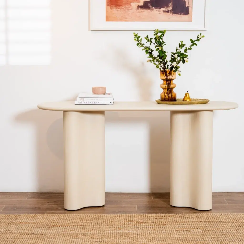 Ava Coastal Console Table in Pebble finish with micro-cement texture for modern entryway or living room