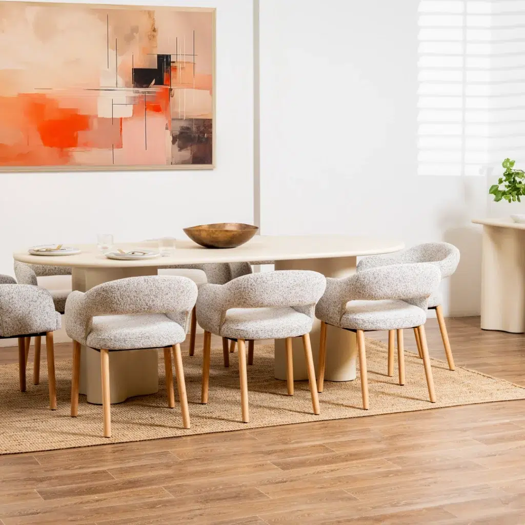 Ava Coastal Dining Table with pebble texture micro-cement finish for 8 people