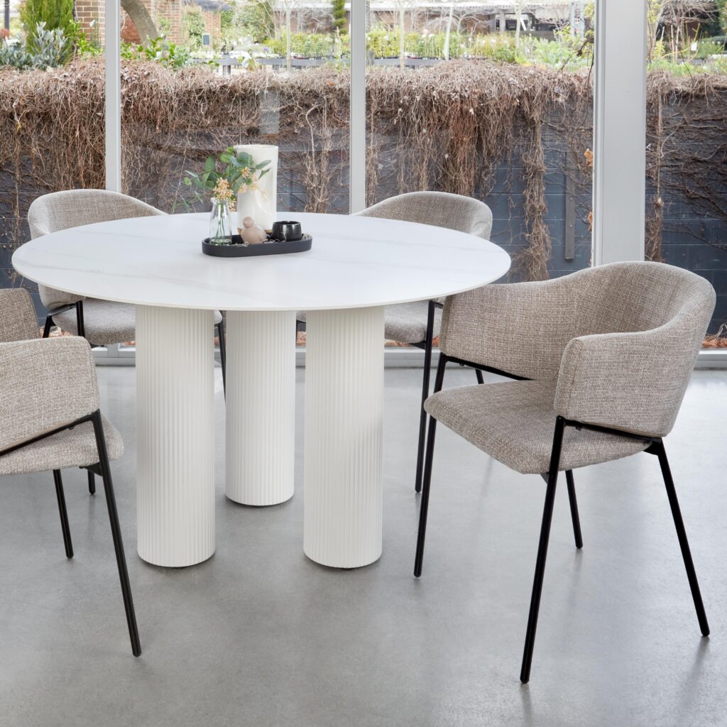 Ivy Dining Chair Almond Set of 2 with black metal frame and textured knit upholstery