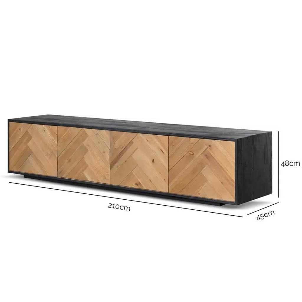 Celeste 2.1m wooden TV unit with natural pine doors and rustic black MDF body