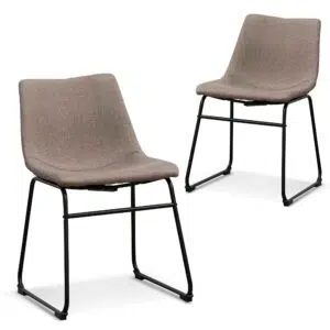 Brown grey fabric dining chair with geometric sled base and ergonomic support set of 2