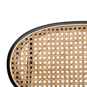 Violet fabric dining chair with black metal frame and natural rattan backrest for modern interiors