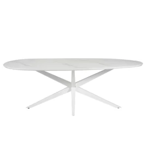 White Cloud Diaz dining table with marble finish and metal legs, seats 8-10, modern egg-shaped design