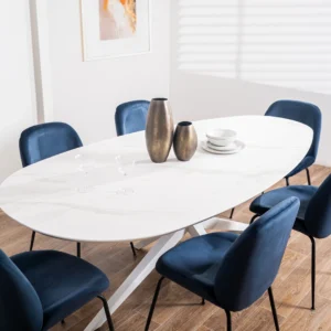 White Cloud Diaz dining table with marble finish and metal legs, seats 8-10, modern design