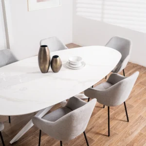 White Cloud Diaz dining table with marble finish and metal legs, seats 8-10, modern egg-shaped design
