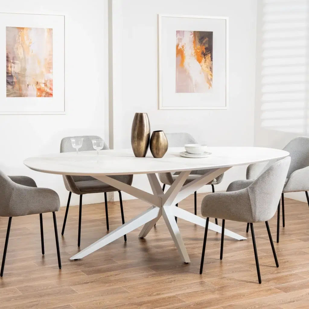White cloud dining table with marble finish and metal legs, seats 8-10, modern design