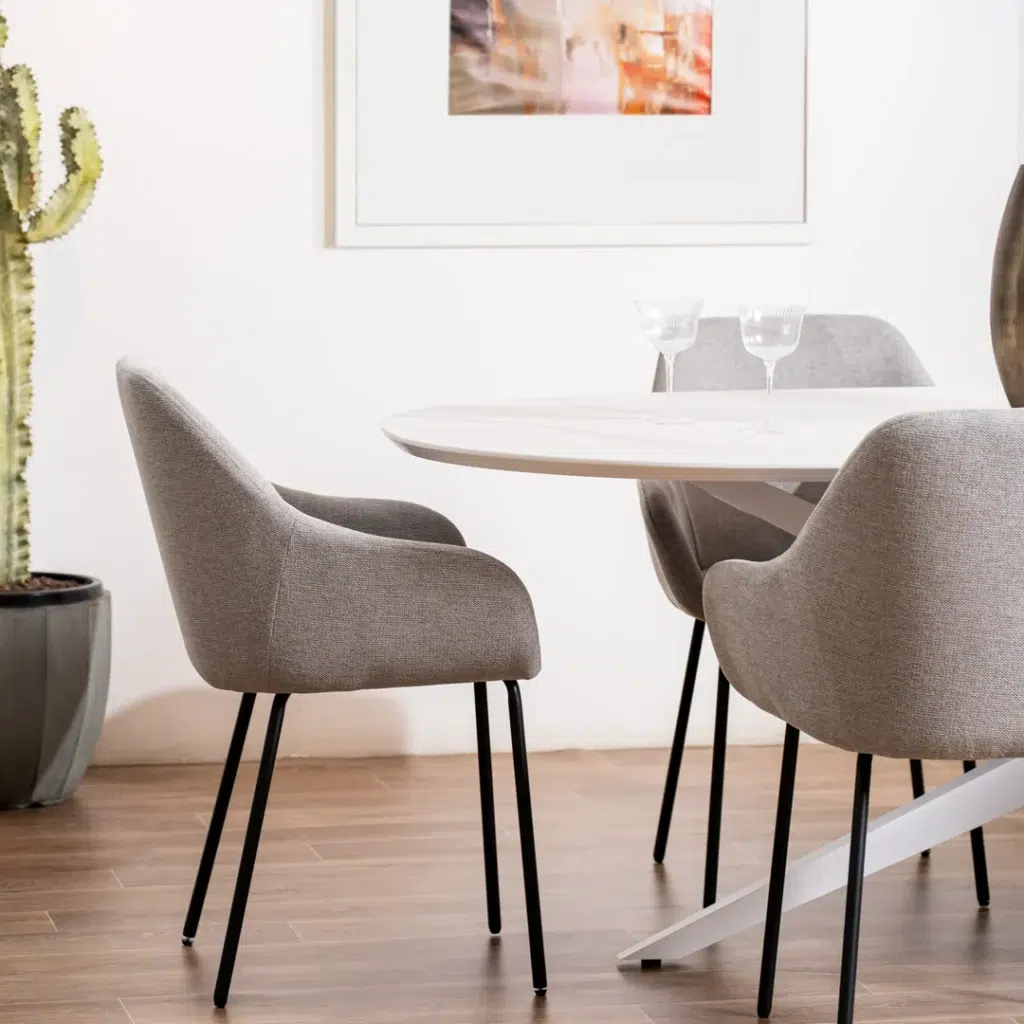 Grey dining chair set of 2 with metal frame and textured fabric for modern dining room