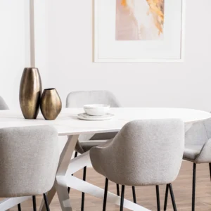 White Cloud Diaz dining table with marble finish and metal base, seats 8-10, modern design