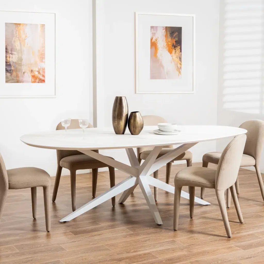 White cloud dining table with marble finish and metal base, seats 8-10, modern design
