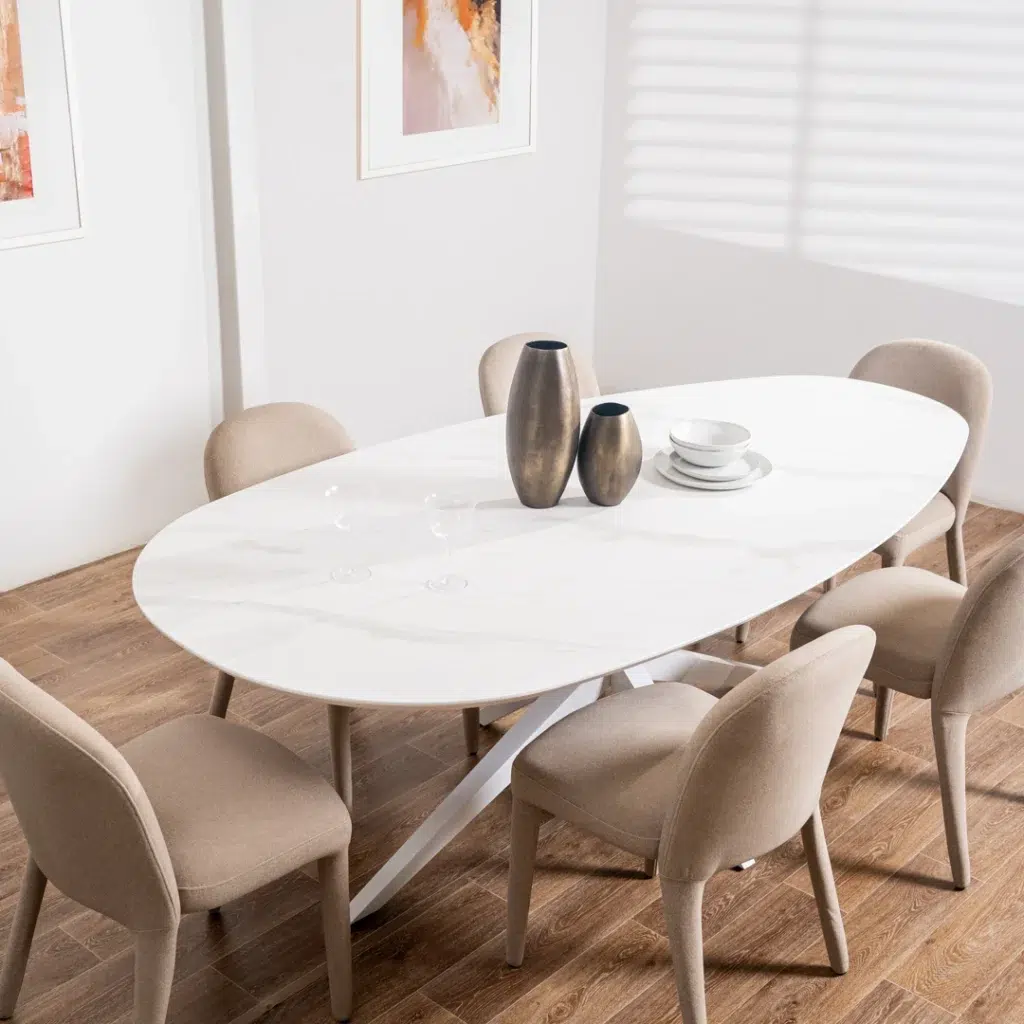 White Cloud Diaz dining table with marble finish and metal base, seats 8-10, modern design